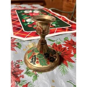 vtg brass enamel Holly Design Candlestick Holder